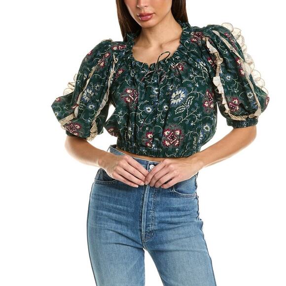 Sea Ny Robina Puff Sleeve Button-down Top In Green Sz Medium - Picture 1 of 6